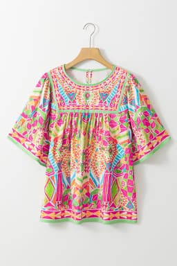 image-Orange Geometric Print Bell Sleeve O Neck Babydoll Blouse