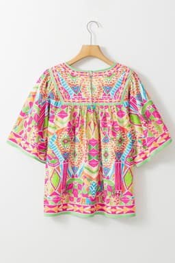 image-Orange Geometric Print Bell Sleeve O Neck Babydoll Blouse