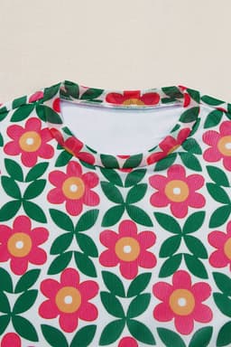 image-Fiery Red Retro Floral Print Crew Neck T Shirt