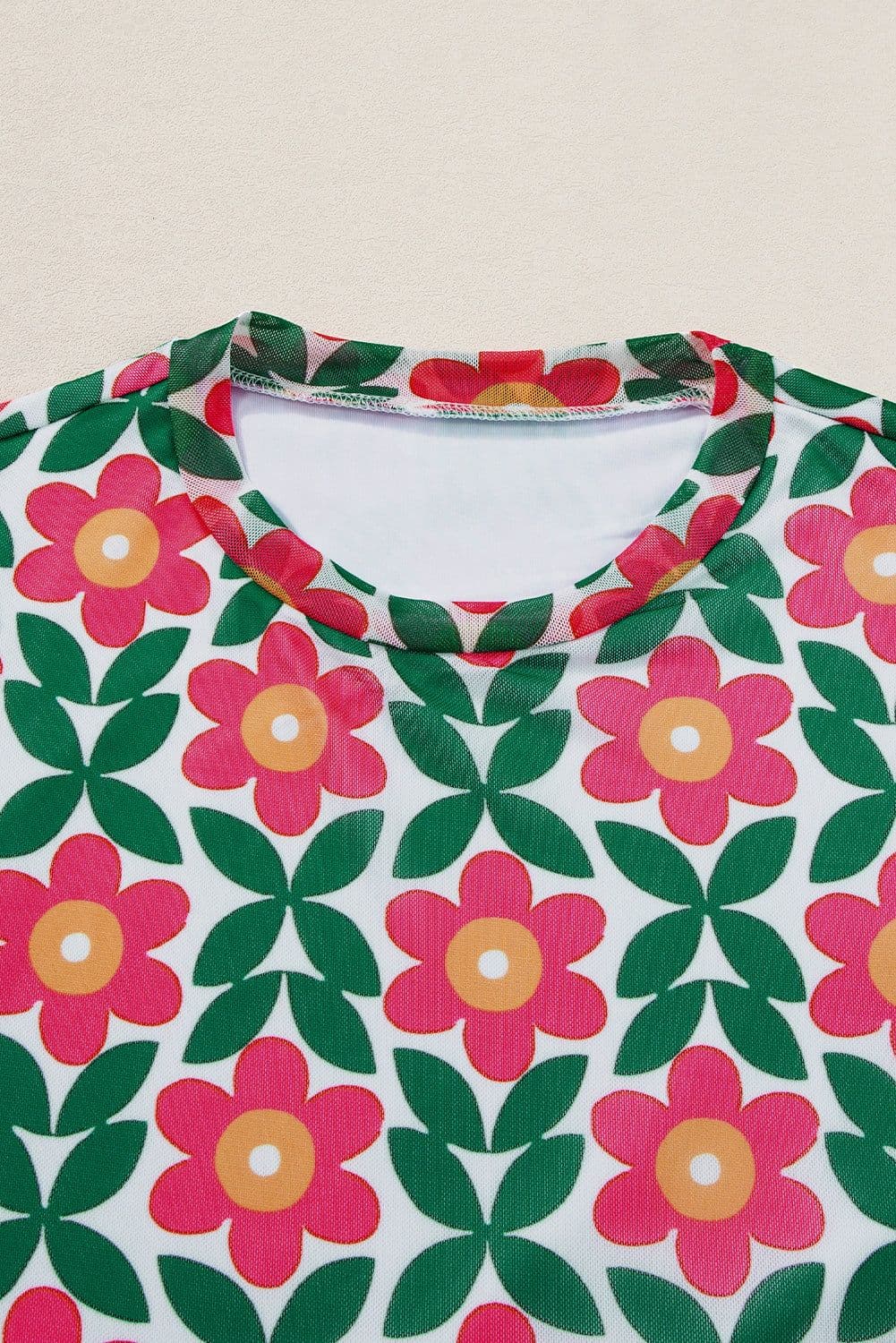 image-Fiery Red Retro Floral Print Crew Neck T Shirt