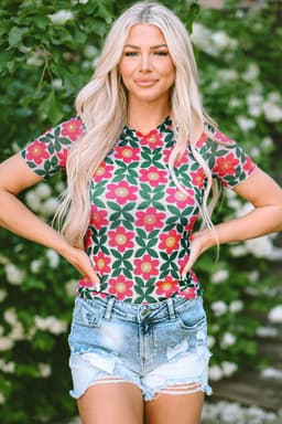 image-Fiery Red Retro Floral Print Crew Neck T Shirt