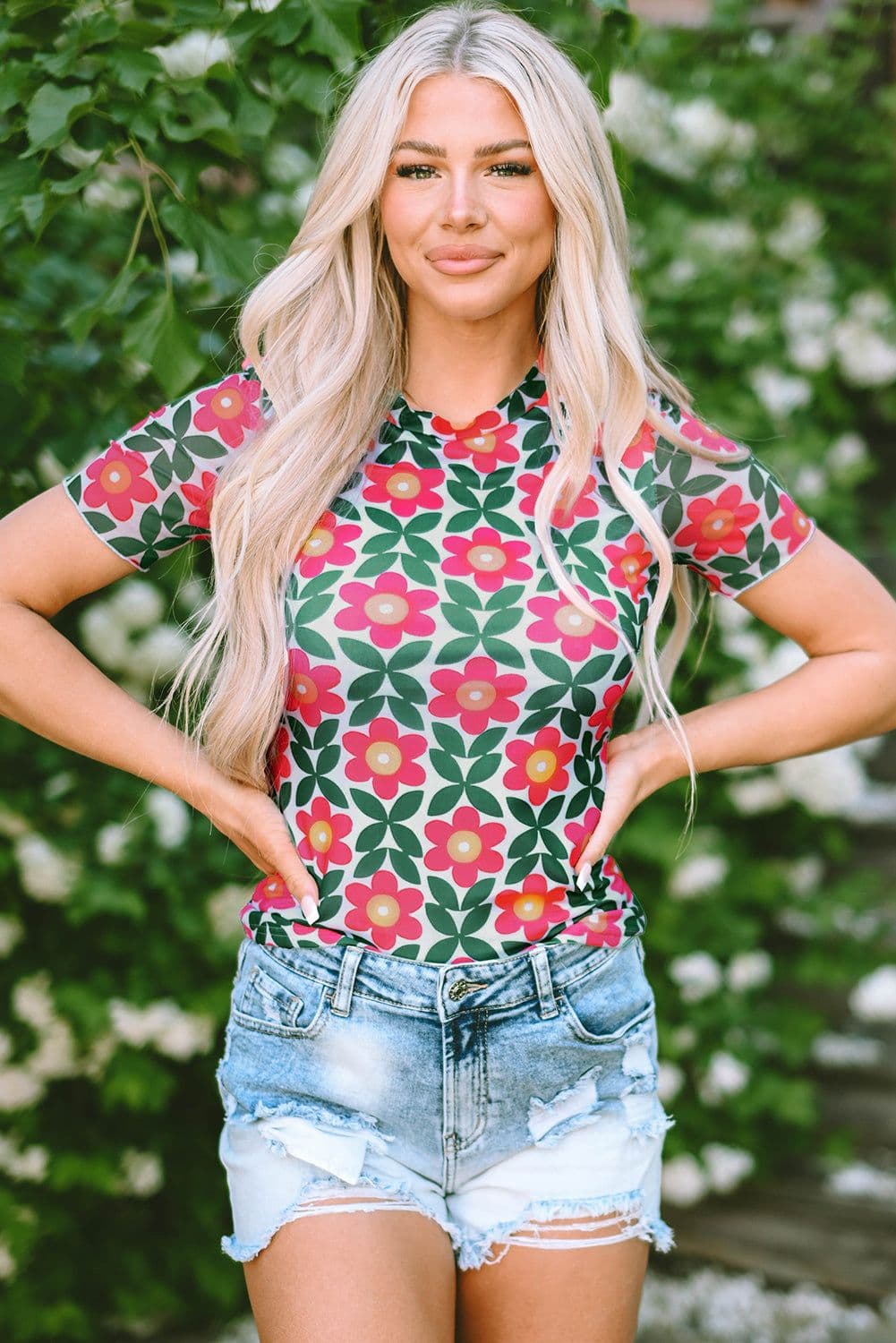 image-Fiery Red Retro Floral Print Crew Neck T Shirt