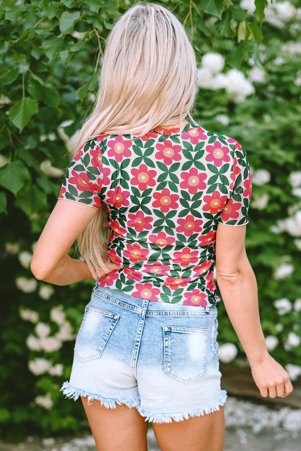 image-Fiery Red Retro Floral Print Crew Neck T Shirt