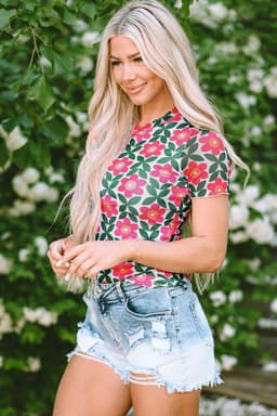 image-Fiery Red Retro Floral Print Crew Neck T Shirt