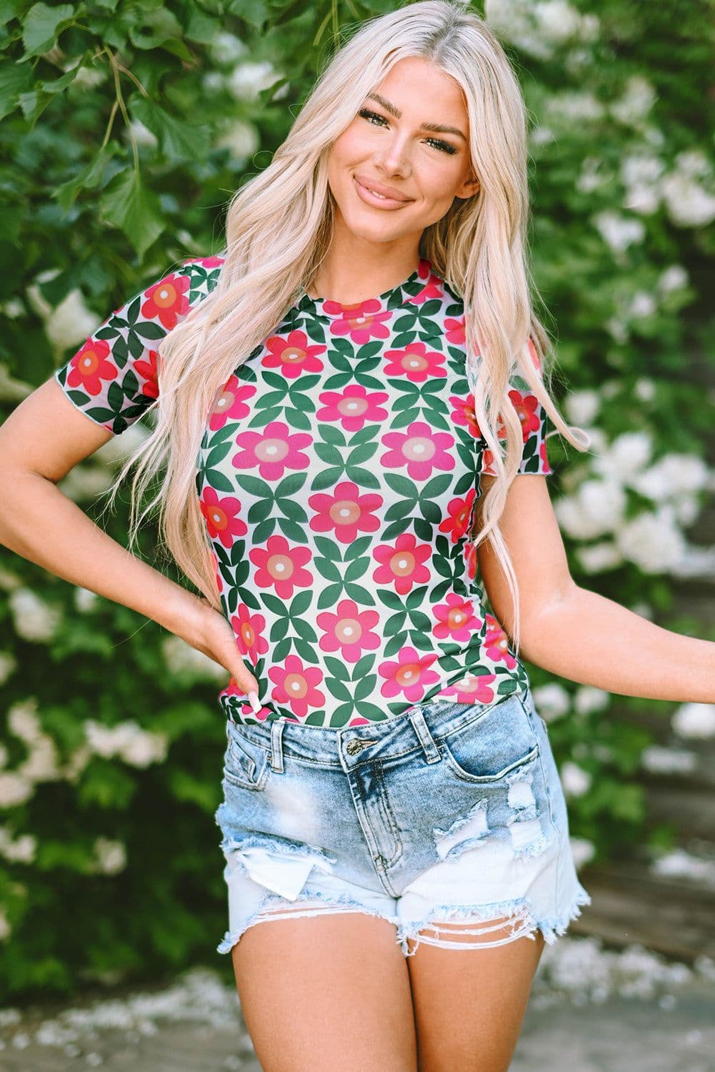 image-Fiery Red Retro Floral Print Crew Neck T Shirt