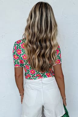 image-Fiery Red Retro Floral Print Crew Neck T Shirt