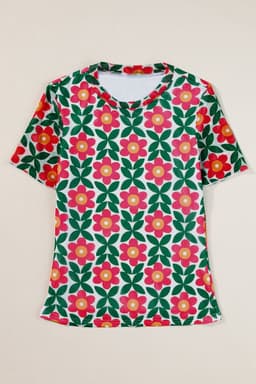 image-Fiery Red Retro Floral Print Crew Neck T Shirt