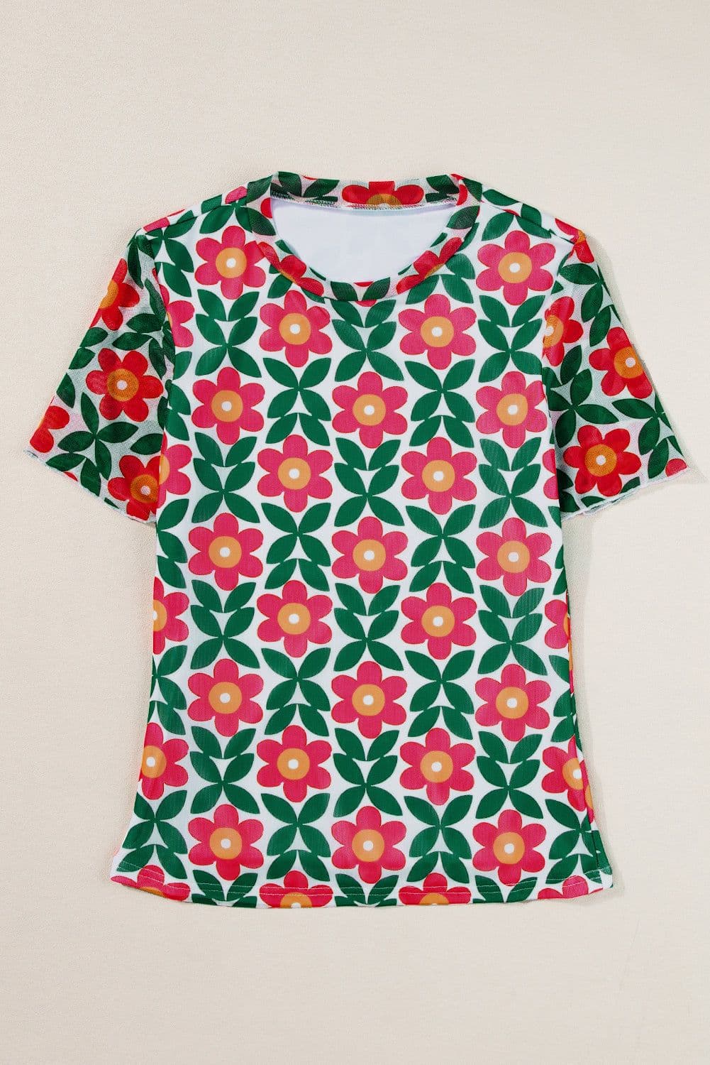 image-Fiery Red Retro Floral Print Crew Neck T Shirt