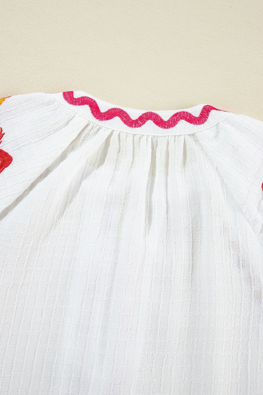 image-Beige Floral Embroidered Ricrac Puff Sleeve Textured Blouse