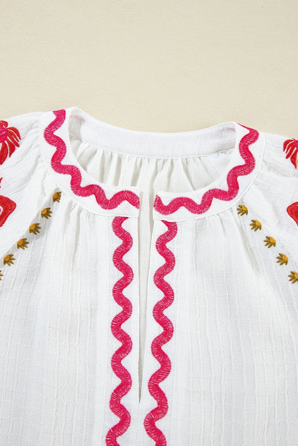 image-Beige Floral Embroidered Ricrac Puff Sleeve Textured Blouse