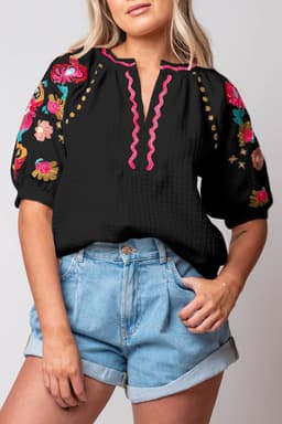 image-Beige Floral Embroidered Ricrac Puff Sleeve Textured Blouse