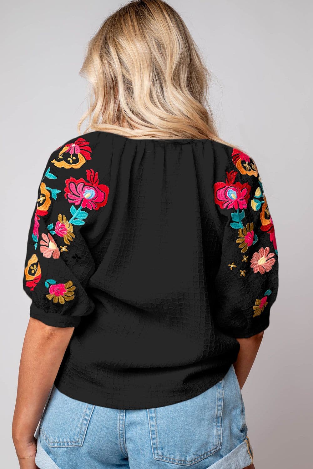 image-Beige Floral Embroidered Ricrac Puff Sleeve Textured Blouse