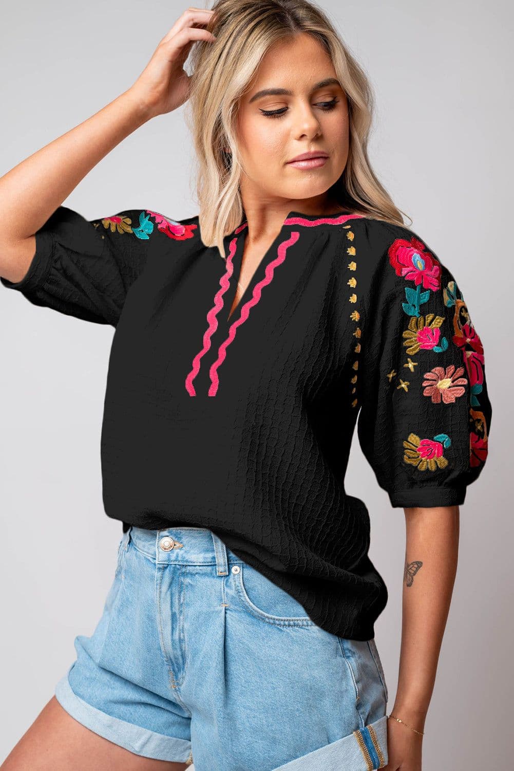 image-Beige Floral Embroidered Ricrac Puff Sleeve Textured Blouse