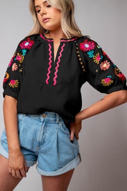 image-Beige Floral Embroidered Ricrac Puff Sleeve Textured Blouse