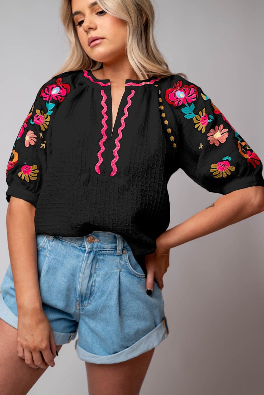 image-Beige Floral Embroidered Ricrac Puff Sleeve Textured Blouse