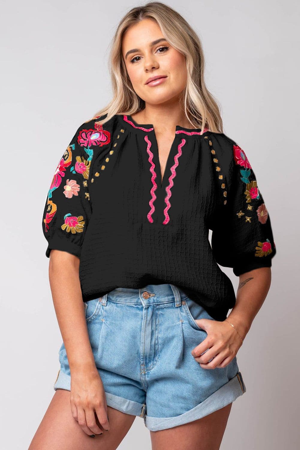 image-Beige Floral Embroidered Ricrac Puff Sleeve Textured Blouse