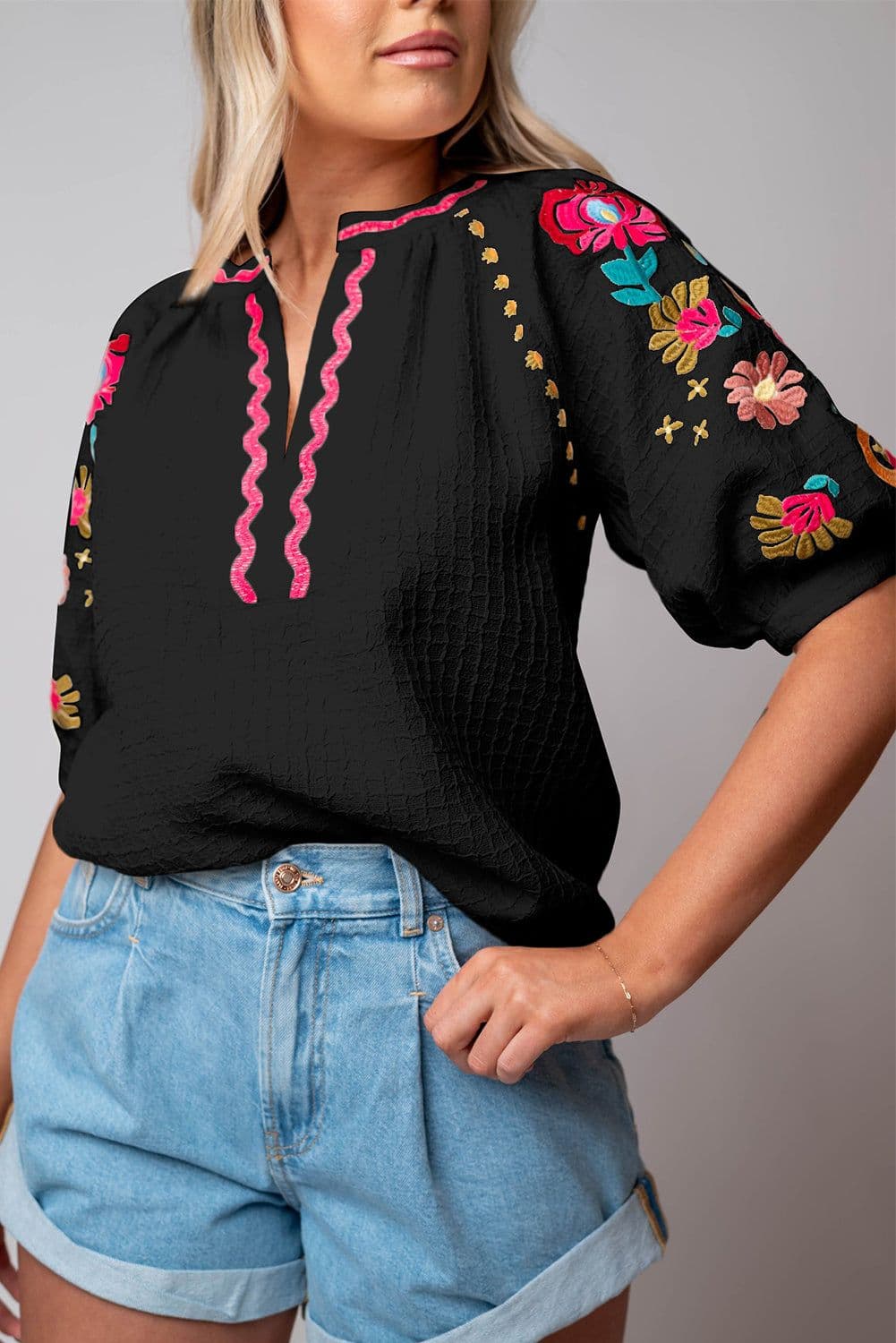 image-Beige Floral Embroidered Ricrac Puff Sleeve Textured Blouse