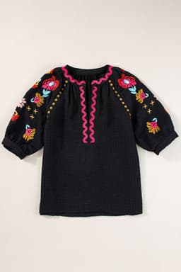image-Beige Floral Embroidered Ricrac Puff Sleeve Textured Blouse