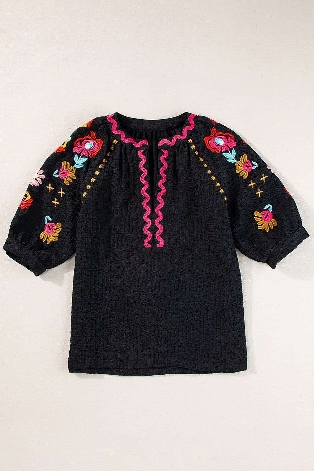 image-Beige Floral Embroidered Ricrac Puff Sleeve Textured Blouse