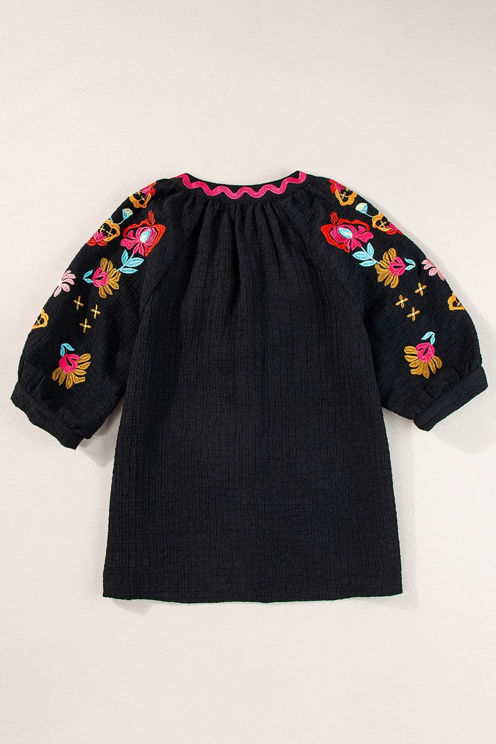 image-Beige Floral Embroidered Ricrac Puff Sleeve Textured Blouse