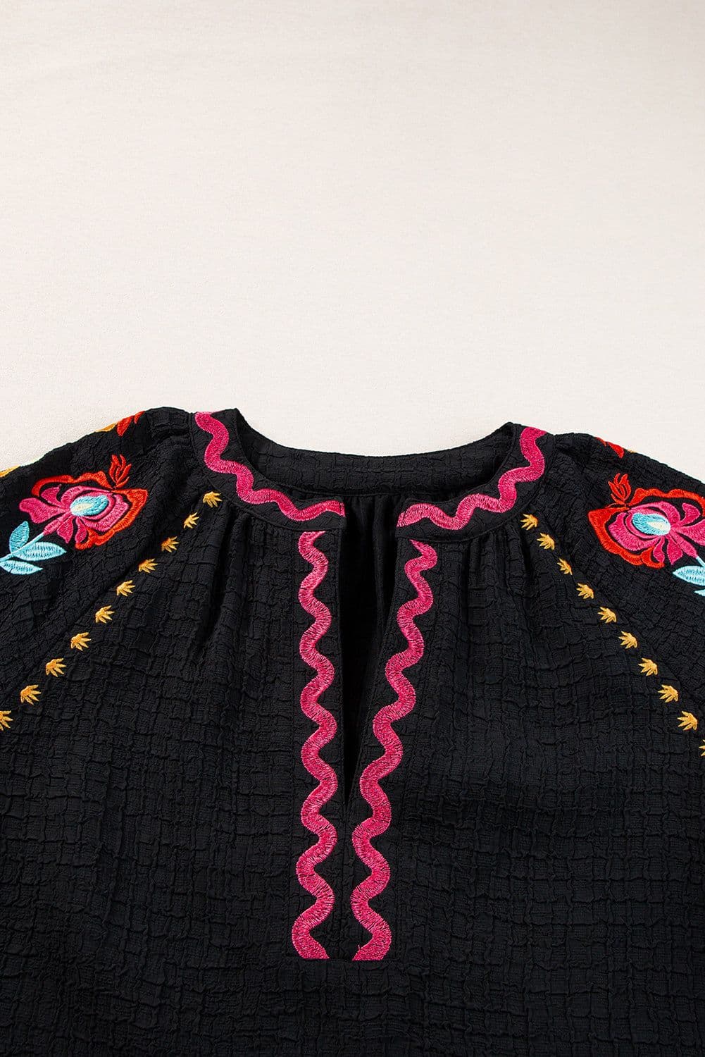 image-Beige Floral Embroidered Ricrac Puff Sleeve Textured Blouse