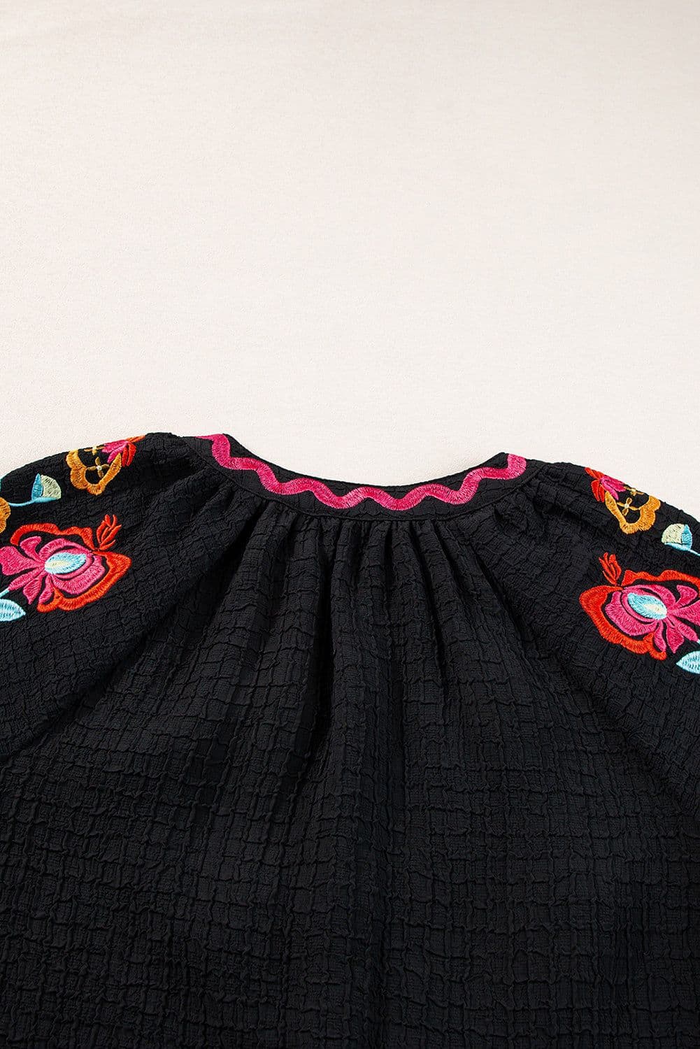 image-Beige Floral Embroidered Ricrac Puff Sleeve Textured Blouse