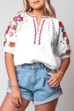 image-Beige Floral Embroidered Ricrac Puff Sleeve Textured Blouse