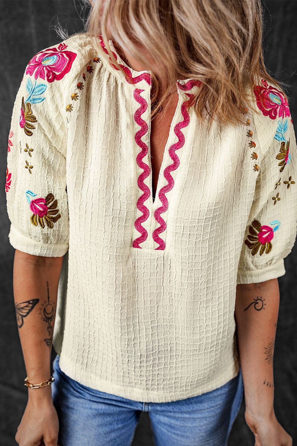 image-Beige Floral Embroidered Ricrac Puff Sleeve Textured Blouse