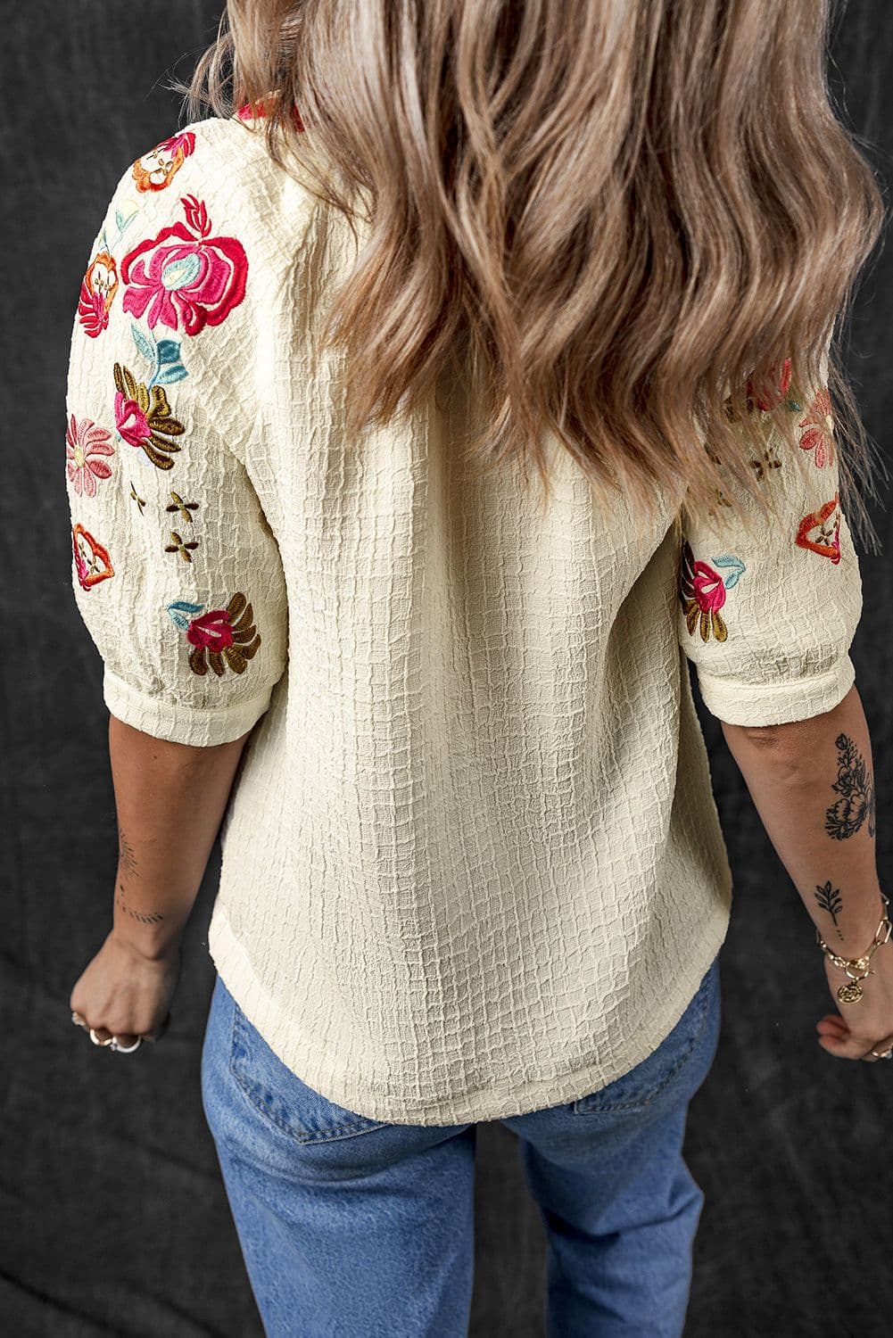 image-Beige Floral Embroidered Ricrac Puff Sleeve Textured Blouse