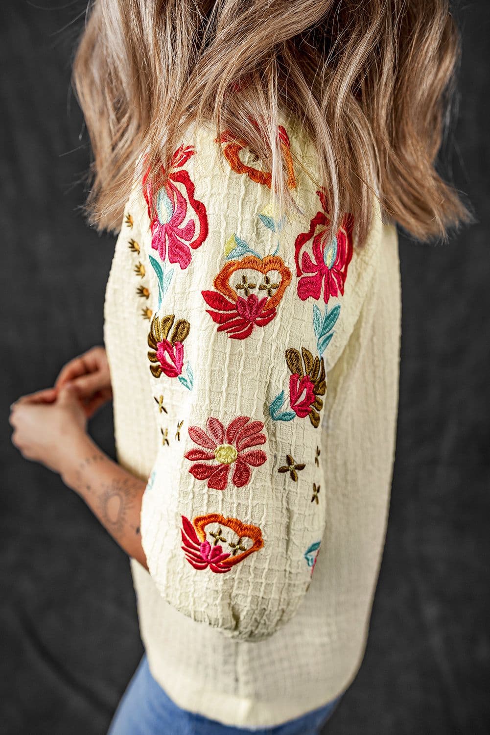 image-Beige Floral Embroidered Ricrac Puff Sleeve Textured Blouse