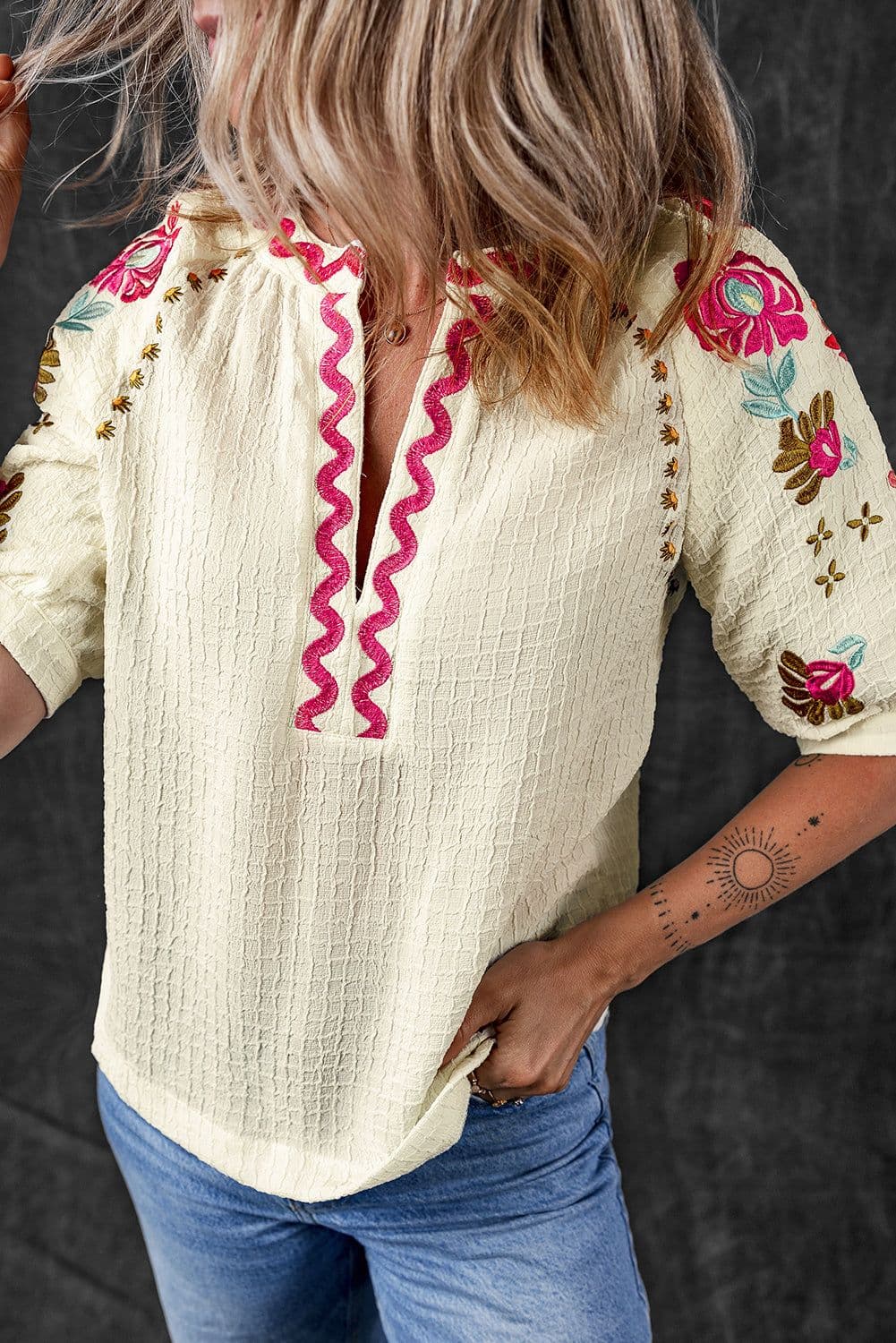 image-Beige Floral Embroidered Ricrac Puff Sleeve Textured Blouse