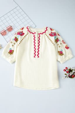 image-Beige Floral Embroidered Ricrac Puff Sleeve Textured Blouse