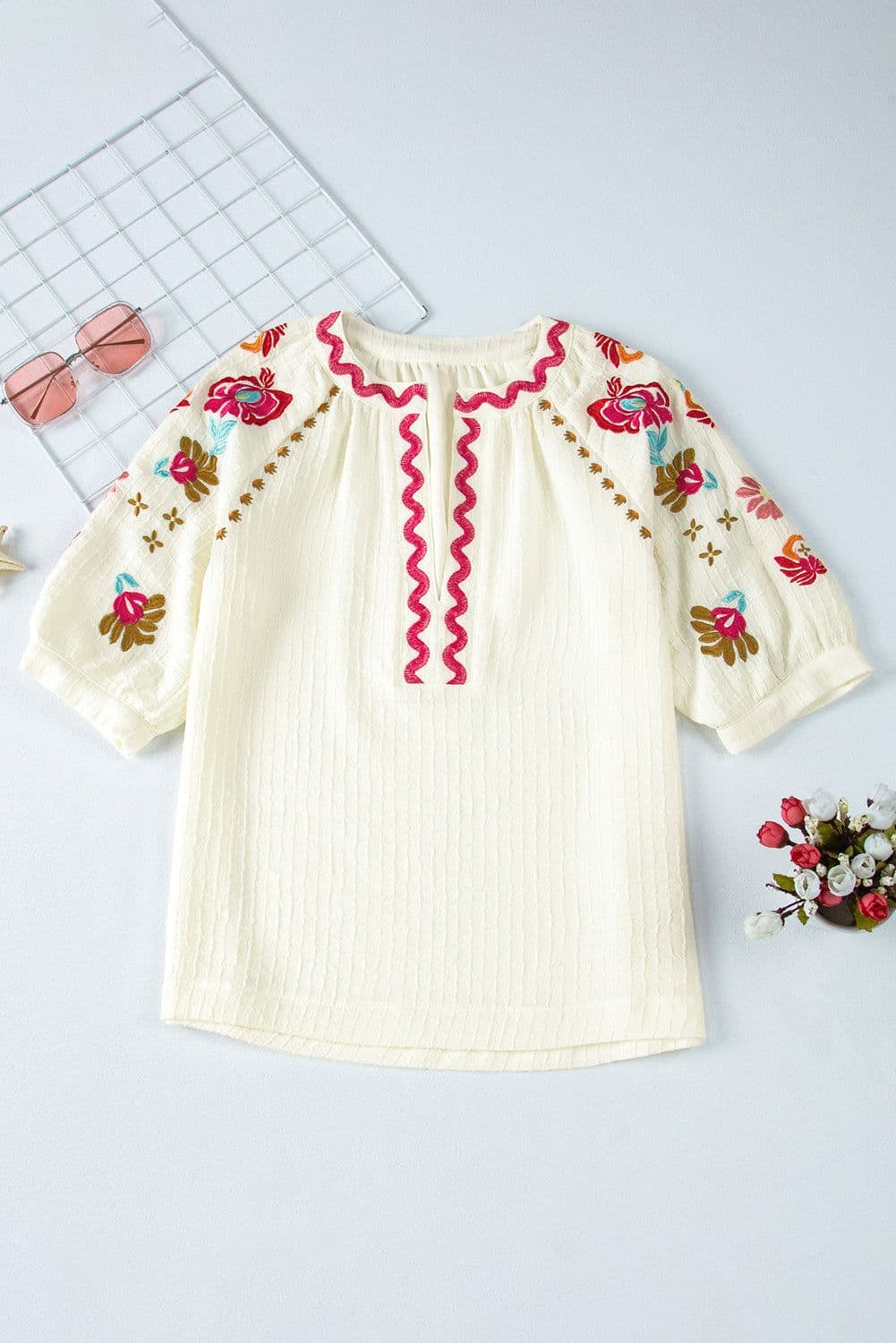 image-Beige Floral Embroidered Ricrac Puff Sleeve Textured Blouse