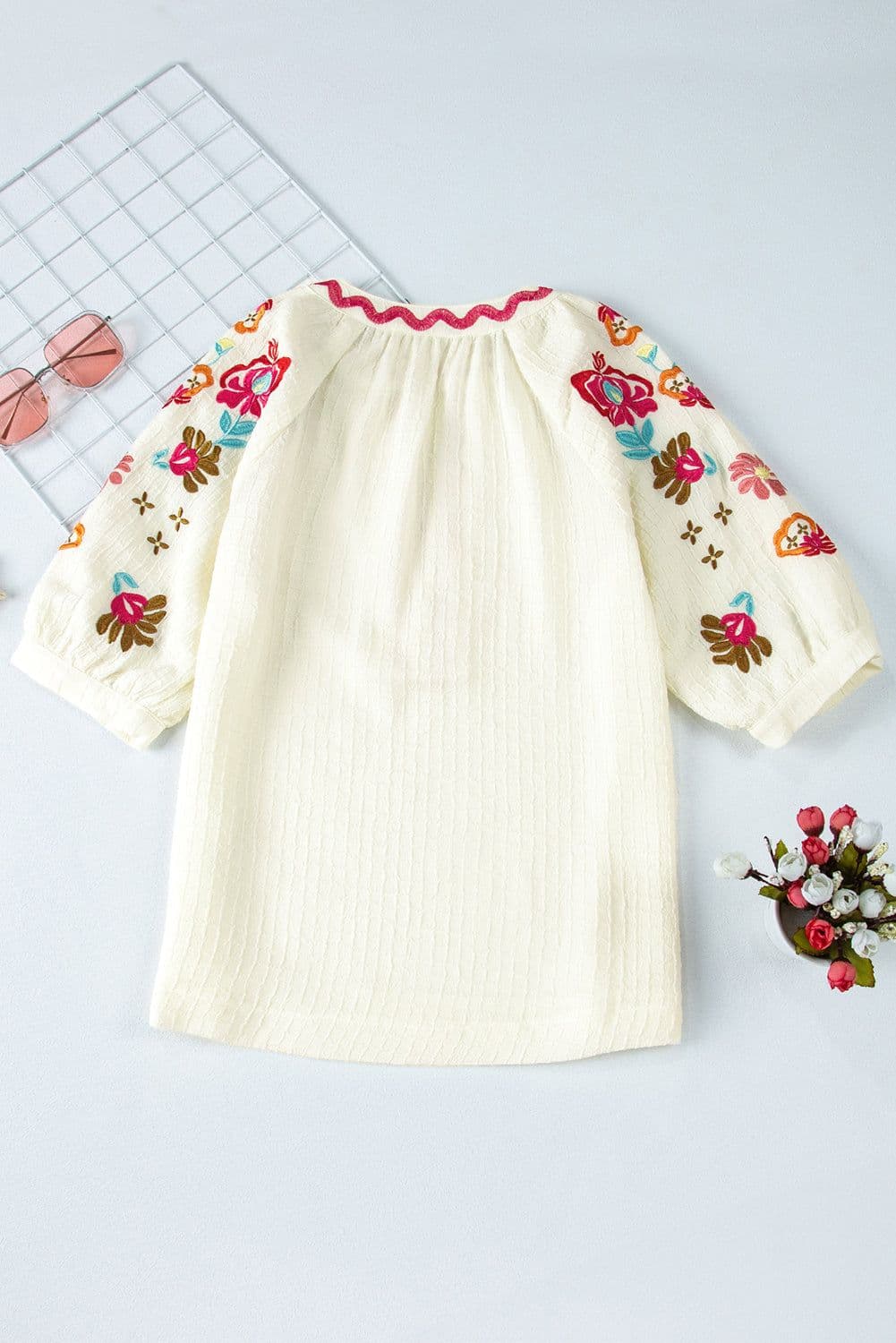 image-Beige Floral Embroidered Ricrac Puff Sleeve Textured Blouse