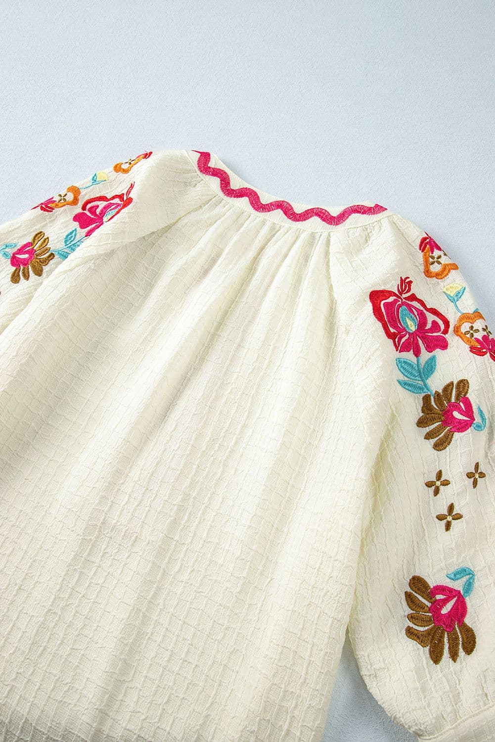 image-Beige Floral Embroidered Ricrac Puff Sleeve Textured Blouse