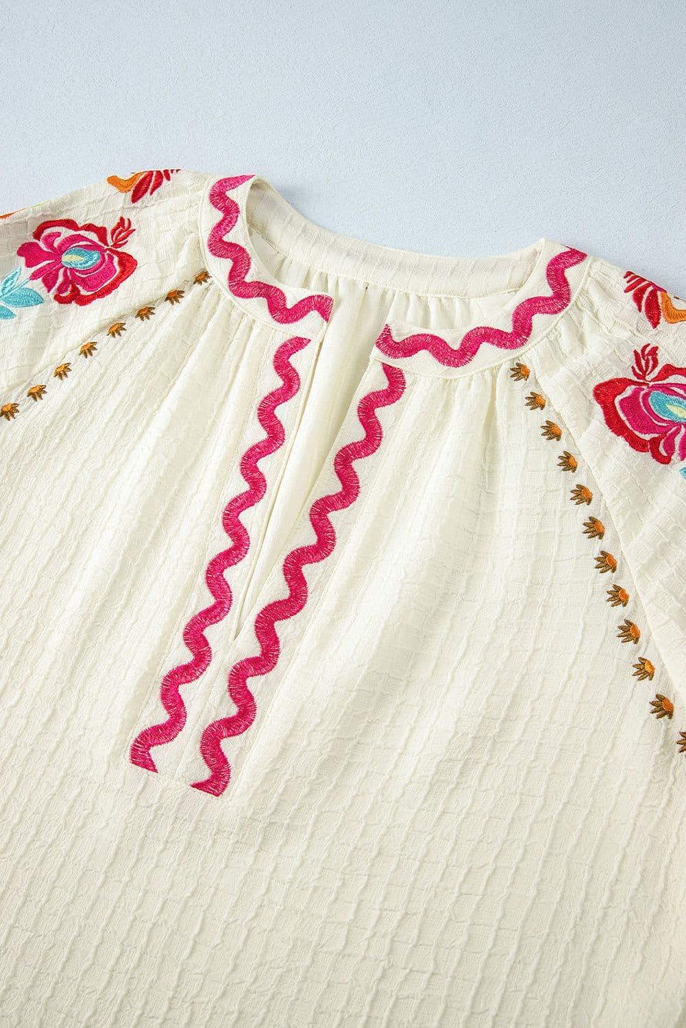 image-Beige Floral Embroidered Ricrac Puff Sleeve Textured Blouse