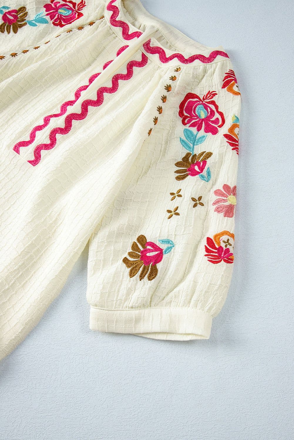 image-Beige Floral Embroidered Ricrac Puff Sleeve Textured Blouse