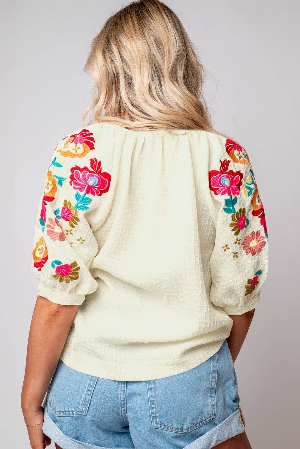 image-Beige Floral Embroidered Ricrac Puff Sleeve Textured Blouse