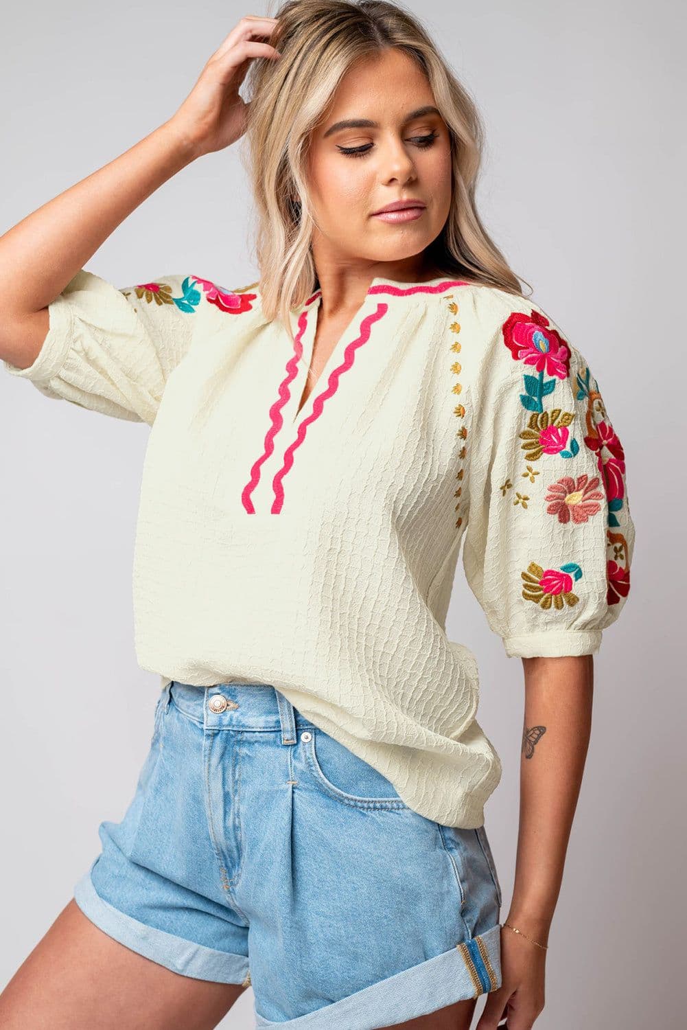image-Beige Floral Embroidered Ricrac Puff Sleeve Textured Blouse