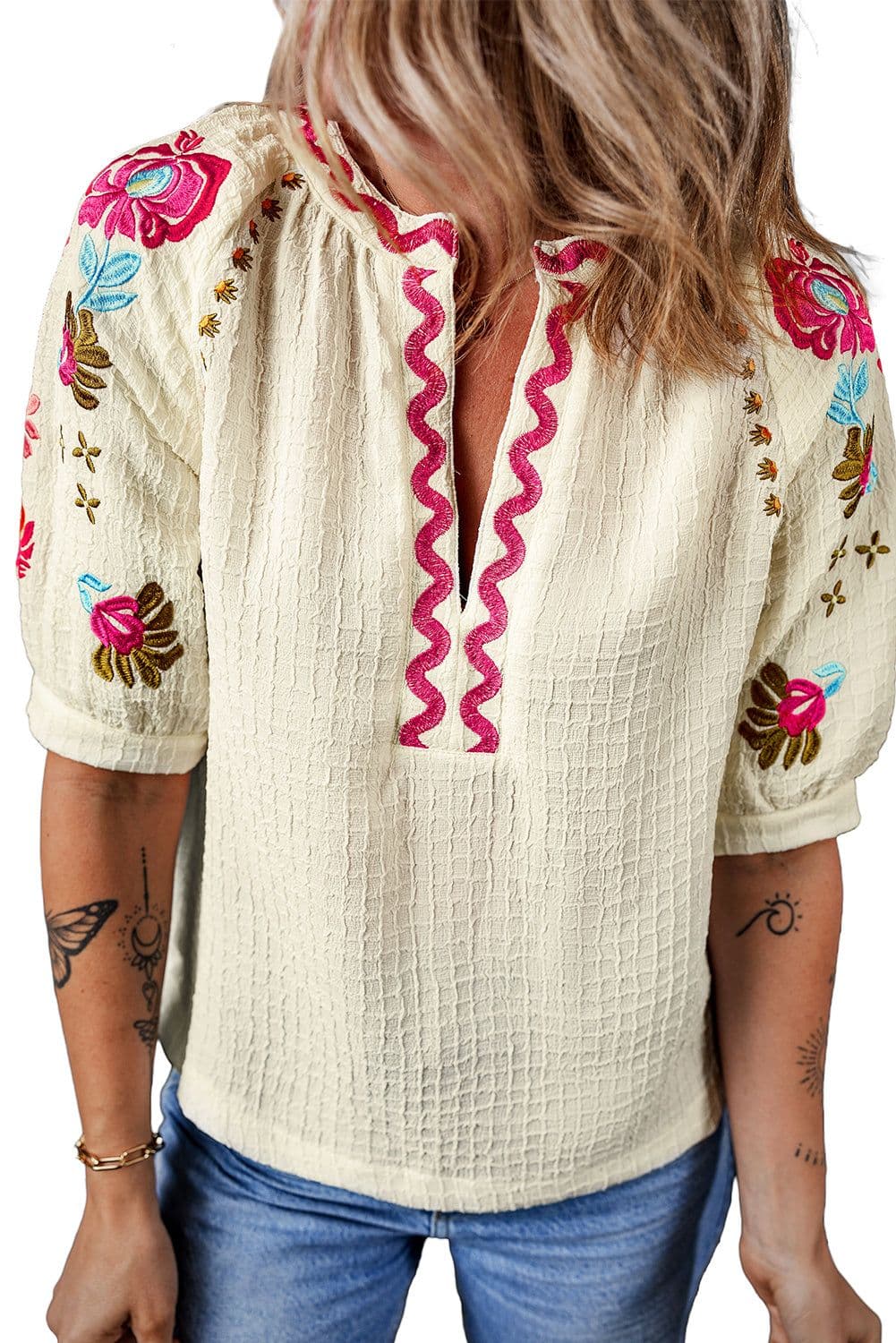 image-Beige Floral Embroidered Ricrac Puff Sleeve Textured Blouse