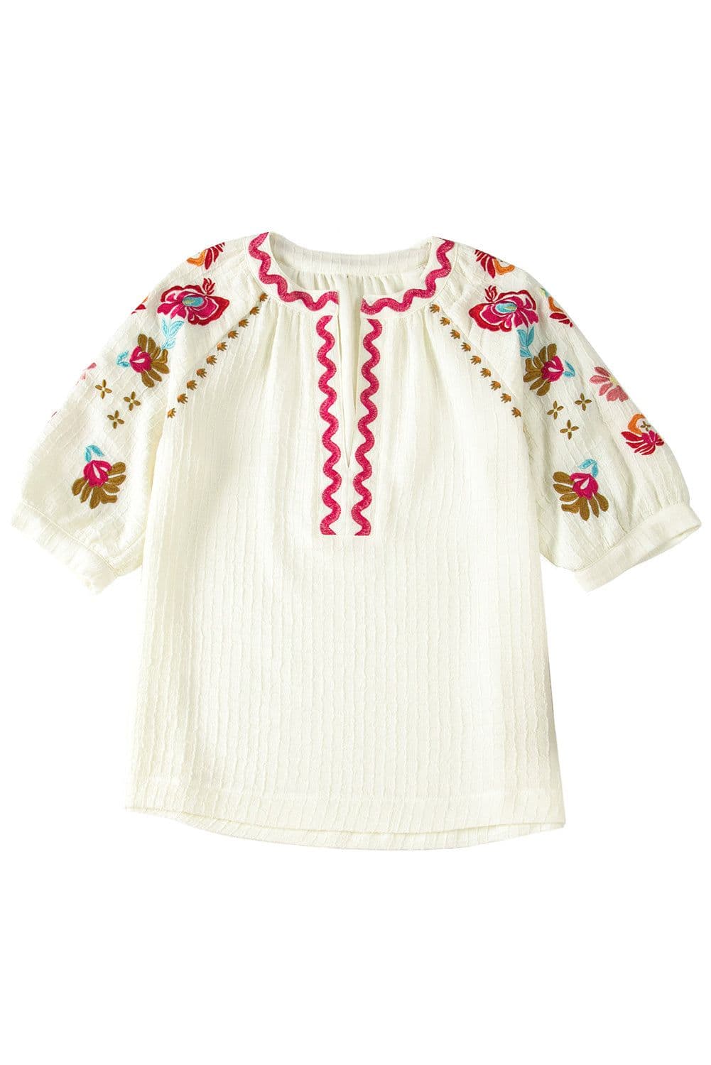 image-Beige Floral Embroidered Ricrac Puff Sleeve Textured Blouse