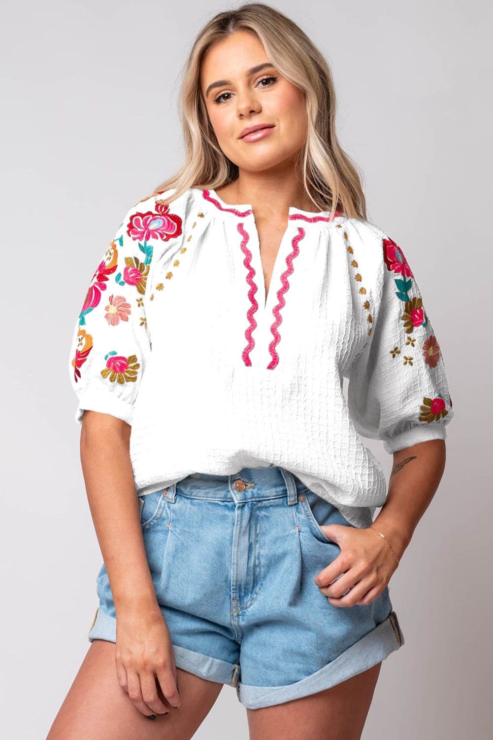image-Beige Floral Embroidered Ricrac Puff Sleeve Textured Blouse