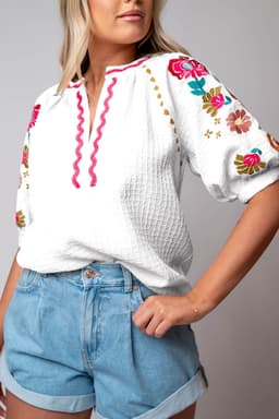 image-Beige Floral Embroidered Ricrac Puff Sleeve Textured Blouse