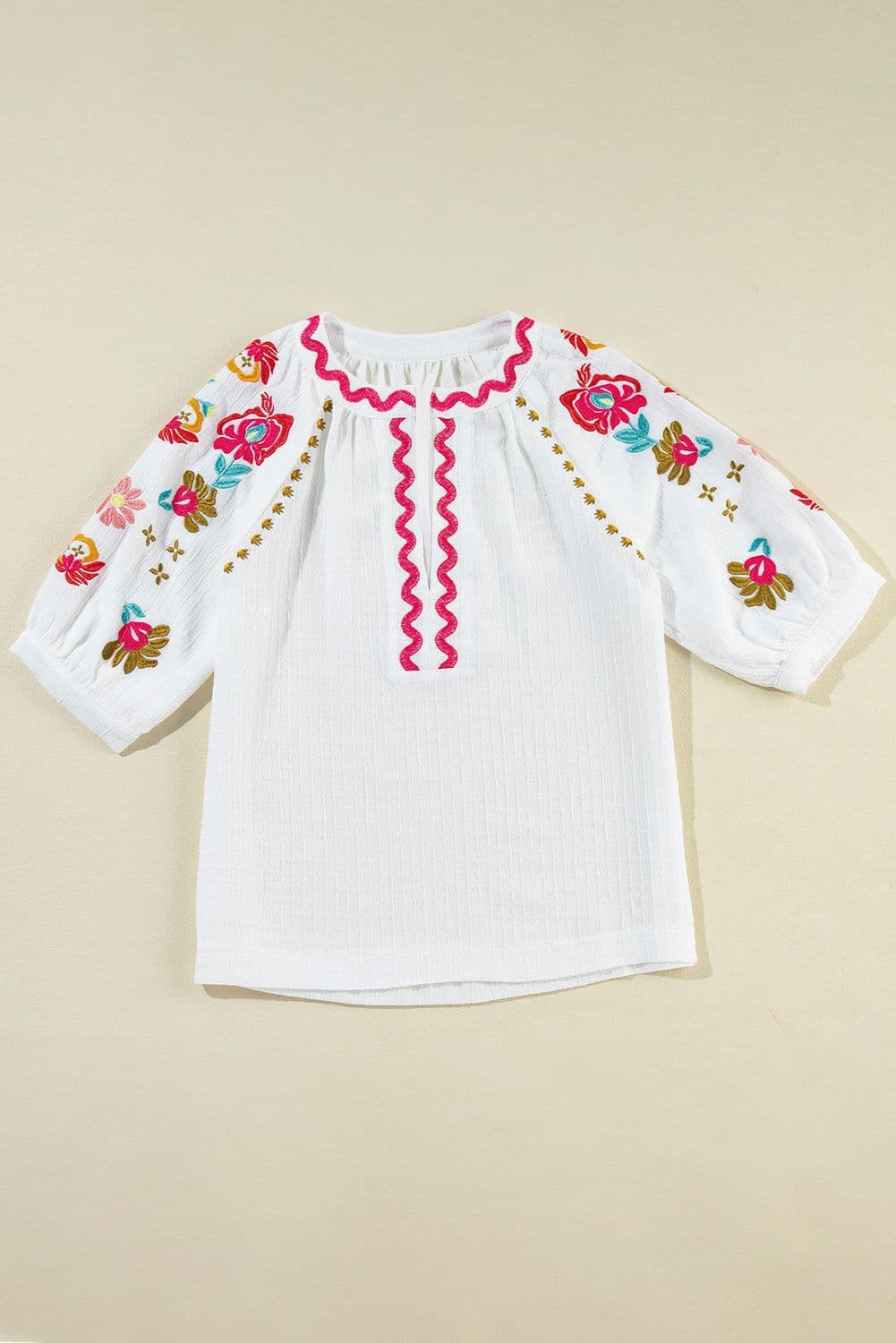 image-Beige Floral Embroidered Ricrac Puff Sleeve Textured Blouse