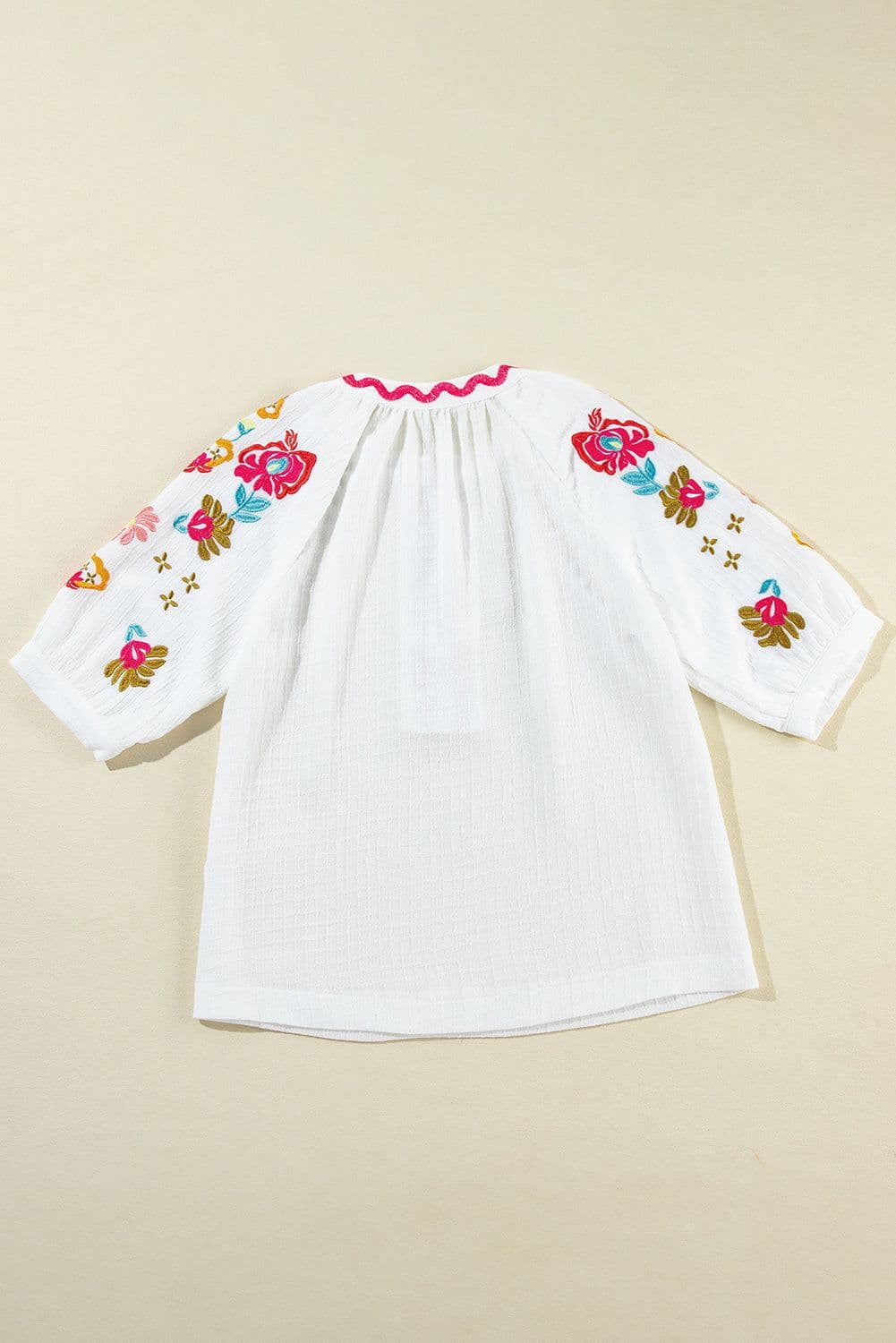 image-Beige Floral Embroidered Ricrac Puff Sleeve Textured Blouse