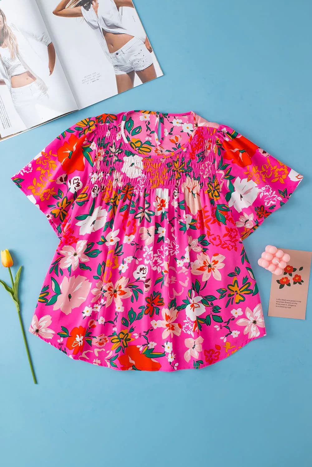 image-Pink Floral Short Sleeve Smocked Blouse