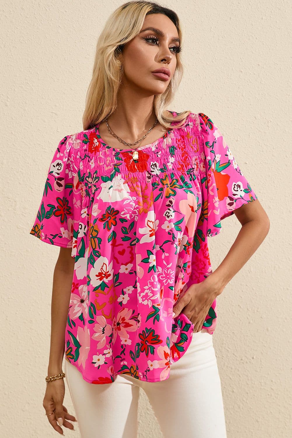 image-Pink Floral Short Sleeve Smocked Blouse