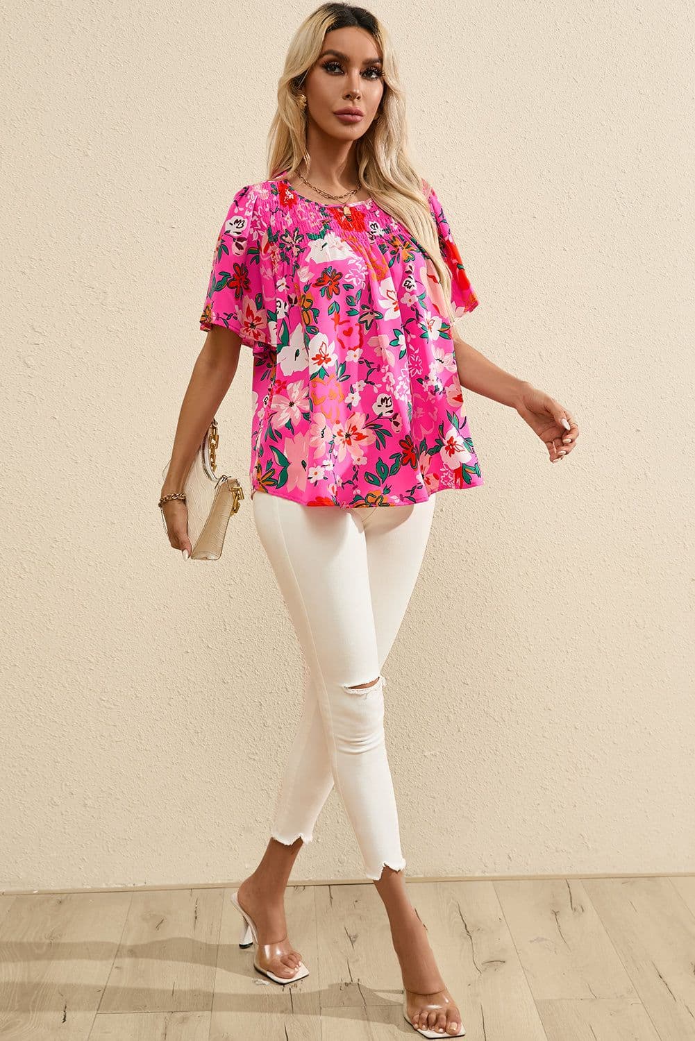 image-Pink Floral Short Sleeve Smocked Blouse