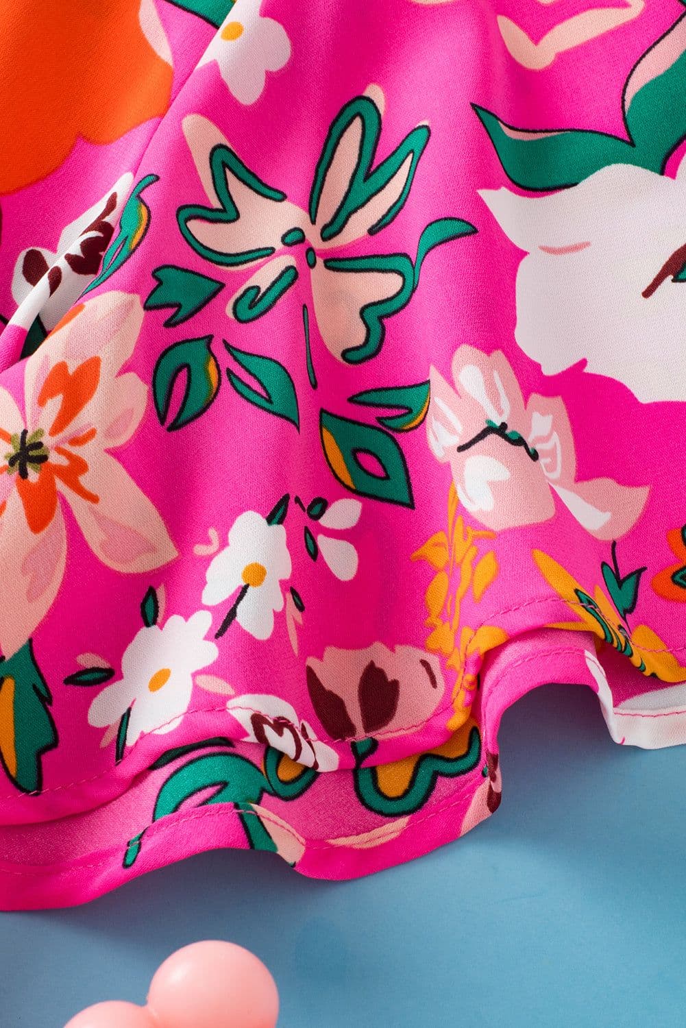 image-Pink Floral Short Sleeve Smocked Blouse