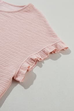 image-Light Pink Solid Textured Ruffled Short Sleeve Blouse